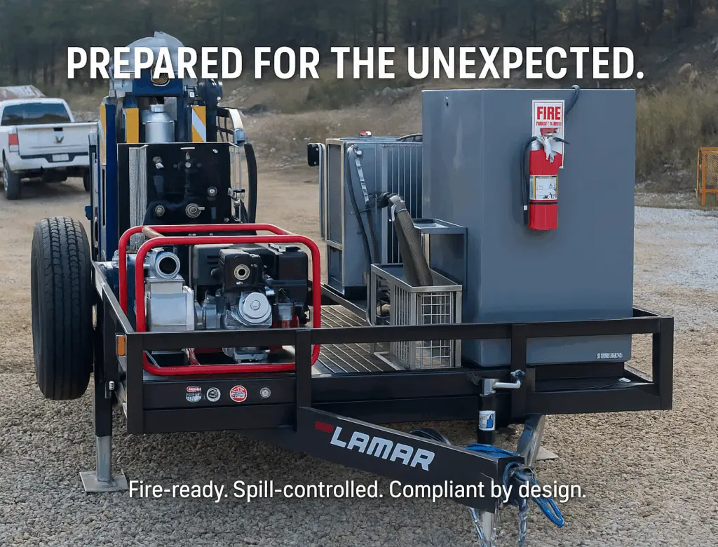 Field support trailer with fluid control equipment and fire extinguisher mounted