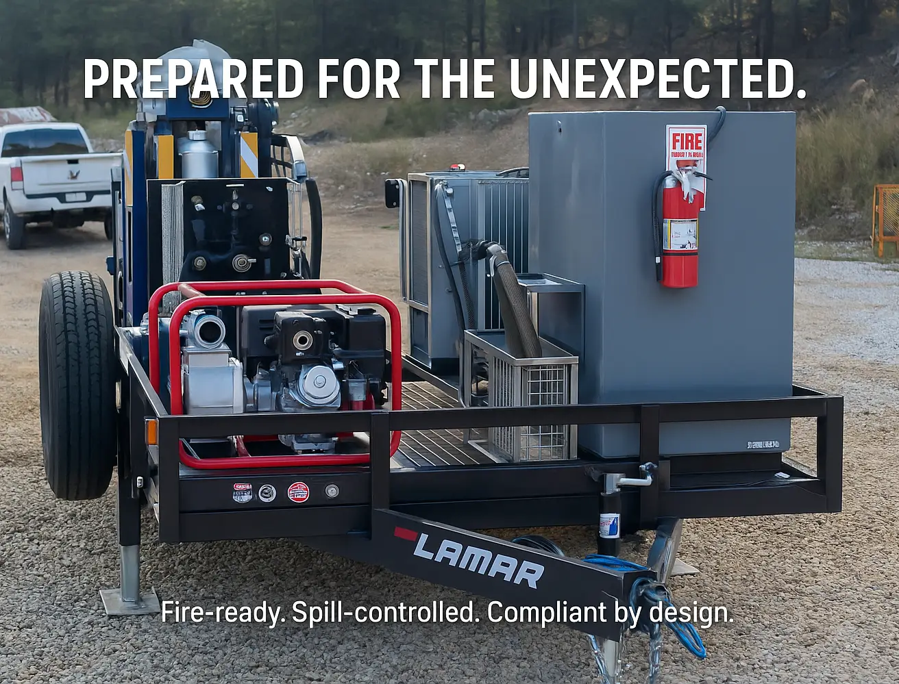 Field support trailer with fluid control equipment and fire extinguisher mounted